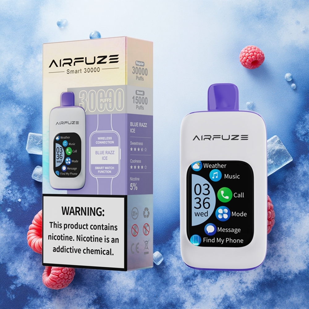 AirFuze Smart 30000 Puffs Vape Descarga Azul Framboesa Gelo com Tela TFT 201\ e Bateria 900mAh - Atacado Brasileiro