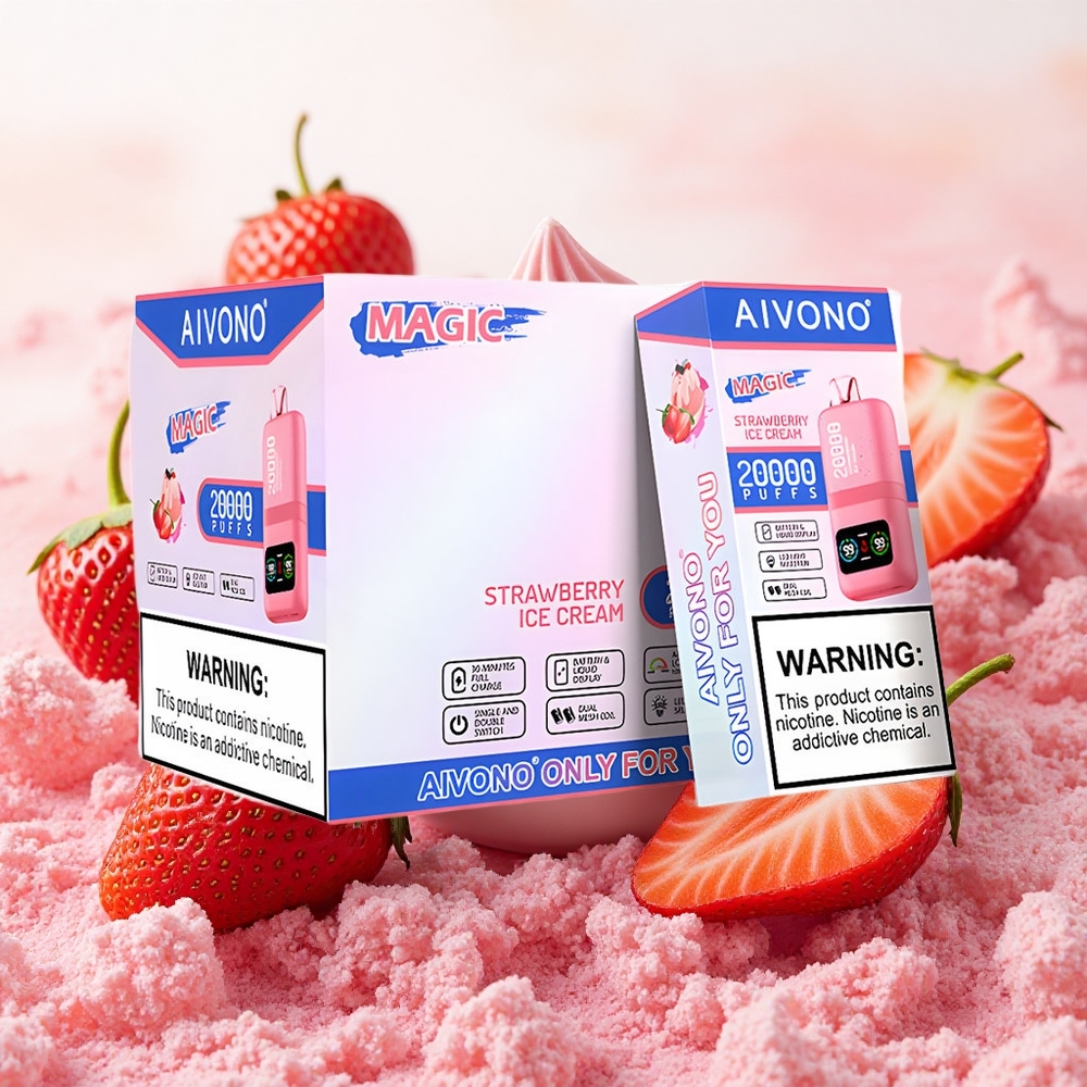 Aivono AIM MAGIC 20000 Puffs Vaporizador Descartável Morango Sorvete Gelado com Dupla Bobina Mesh e Tela LCD - Atacado Brasileiro