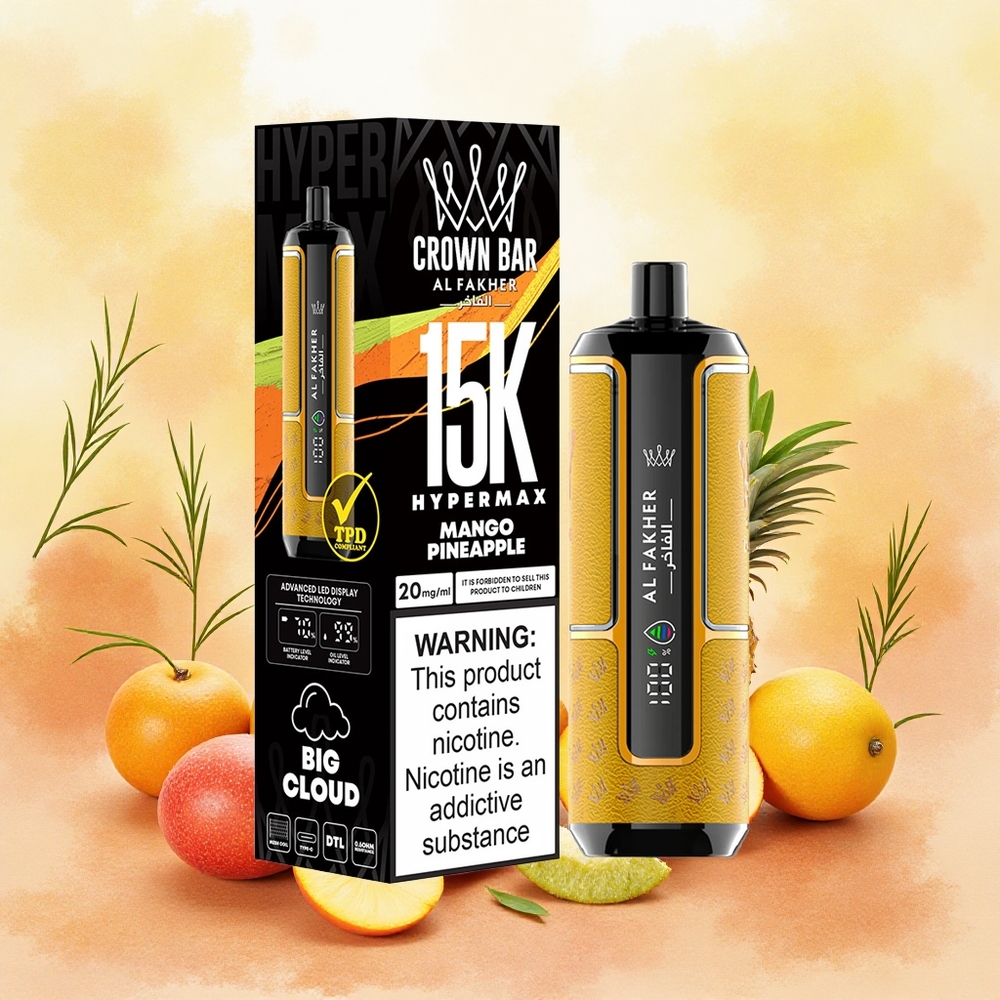 Al Fakher Crown Bar 15K Hypermax Atacado Brasileiro Vape Kit Descartável Manga Abacaxi com 22ml e 15000 Tragadas