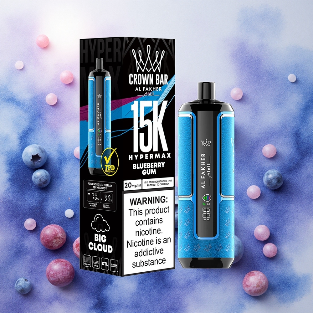 Al Fakher Crown Bar 15K Hypermax Descartável 22ml 15000 Puffs Goma de Mirtilo atacado brasileiro