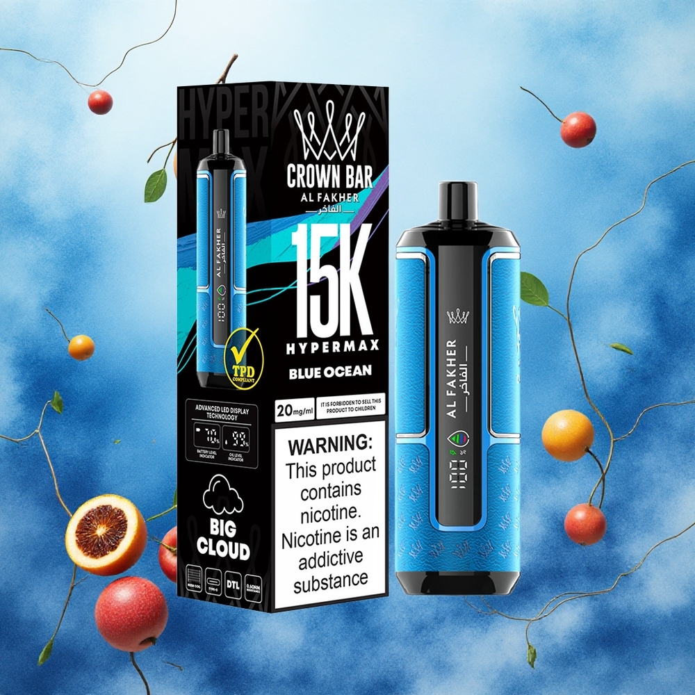 Al Fakher Crown Bar 15K Hypermax Descartável 22ml 15000 Puffs Tipo-C atacado brasileiro Oceano Azul