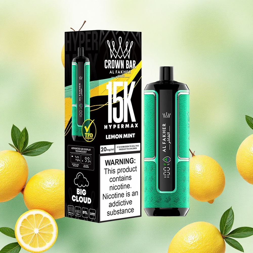 Al Fakher Crown Bar 15K Hypermax Descartável Vape Kit Limão Hortelã 22ml 15000 Puffs atacado brasileiro