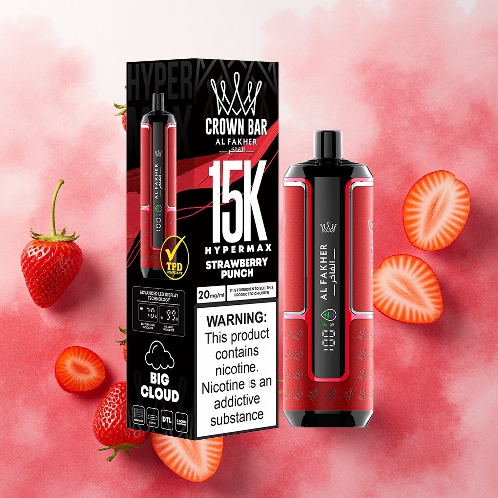 Al Fakher Crown Bar 15K Hypermax Kit Descartável Sabor Morango Punch com 22ml e 15000 Puffs - Atacado Brasileiro