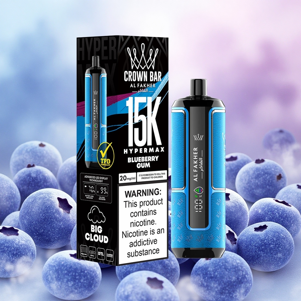 Al Fakher Crown Bar 15K Hypermax Vape Descansável Goma de Mirtilo atacado brasileiro 22ml 6mg