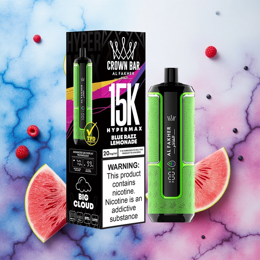 Al Fakher Crown Bar 15K Hypermax Vape Descartável Kit Mirtilo Limonada com 22ml e 15000 Puffs - atacado brasileiro