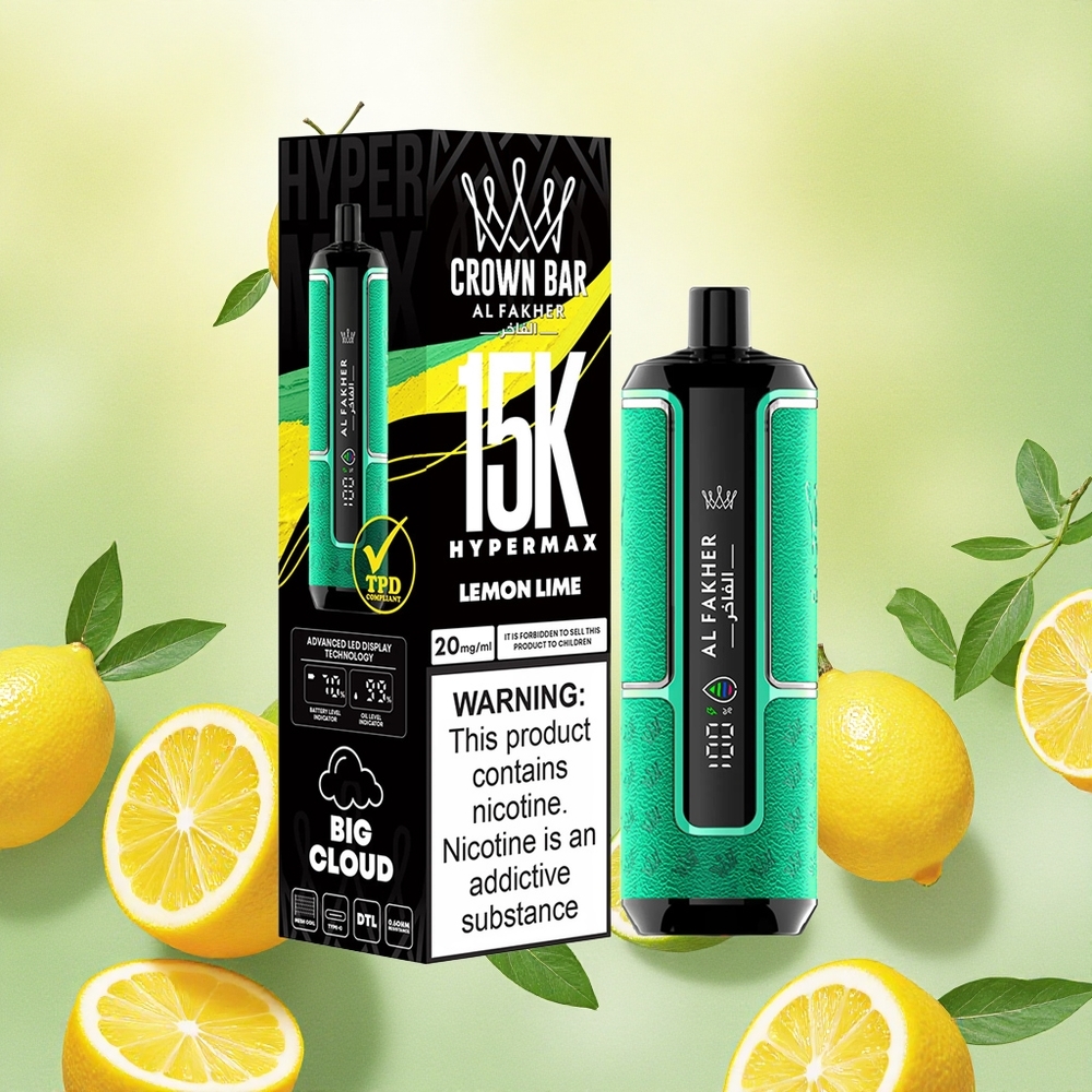 Al Fakher Crown Bar 15K Hypermax Vape Descartável Limão Lima 22ml 15000 Puffs atacado brasileiro