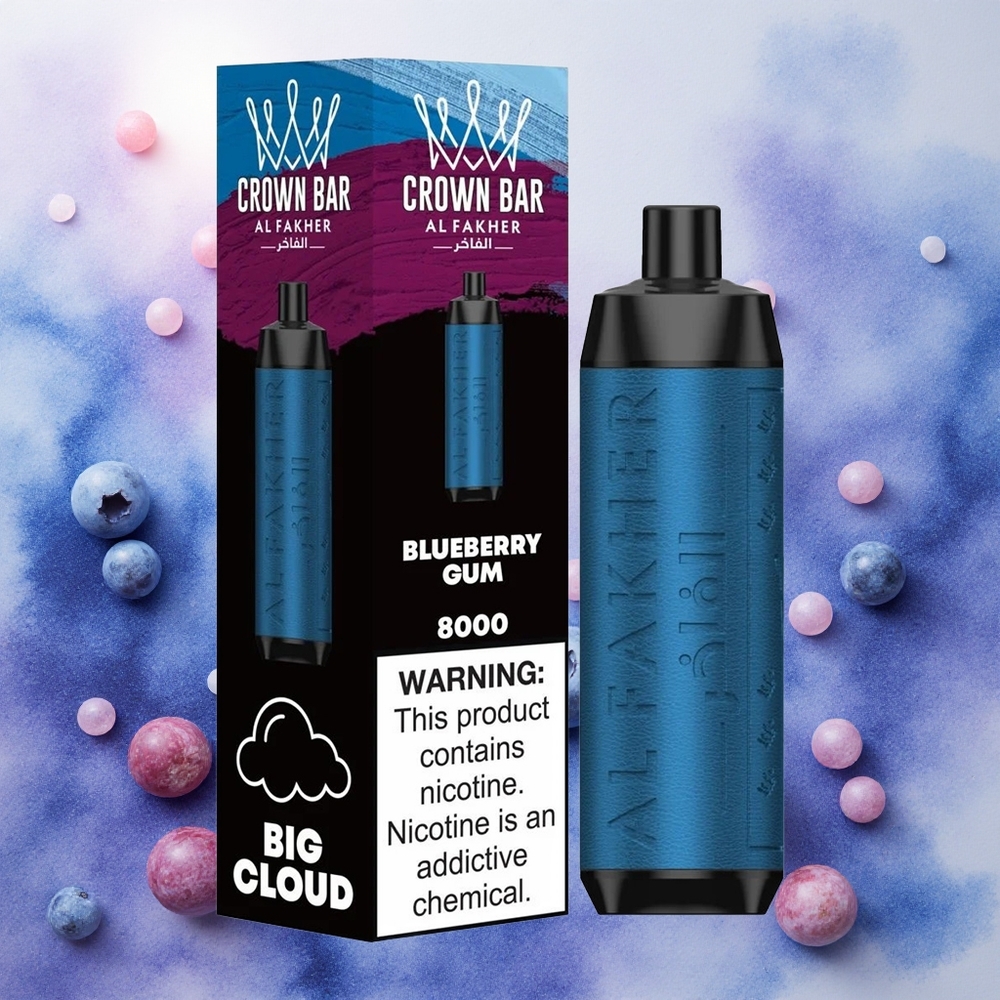 Al Fakher Crown Bar 8000 Crystal Vape Descartável Goma de Mirtilo com 18ml de Líquido e Atacado Brasileiro
