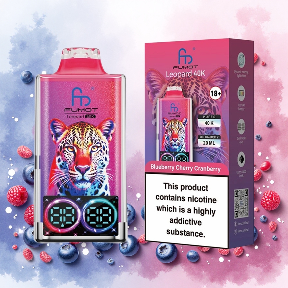 Fumot Leopard 40K Puffs Descartável Mirtilo Cereja Cranberry 0-5 Nicotina Bobina de Malha Dupla Display Digital atacado brasileiro