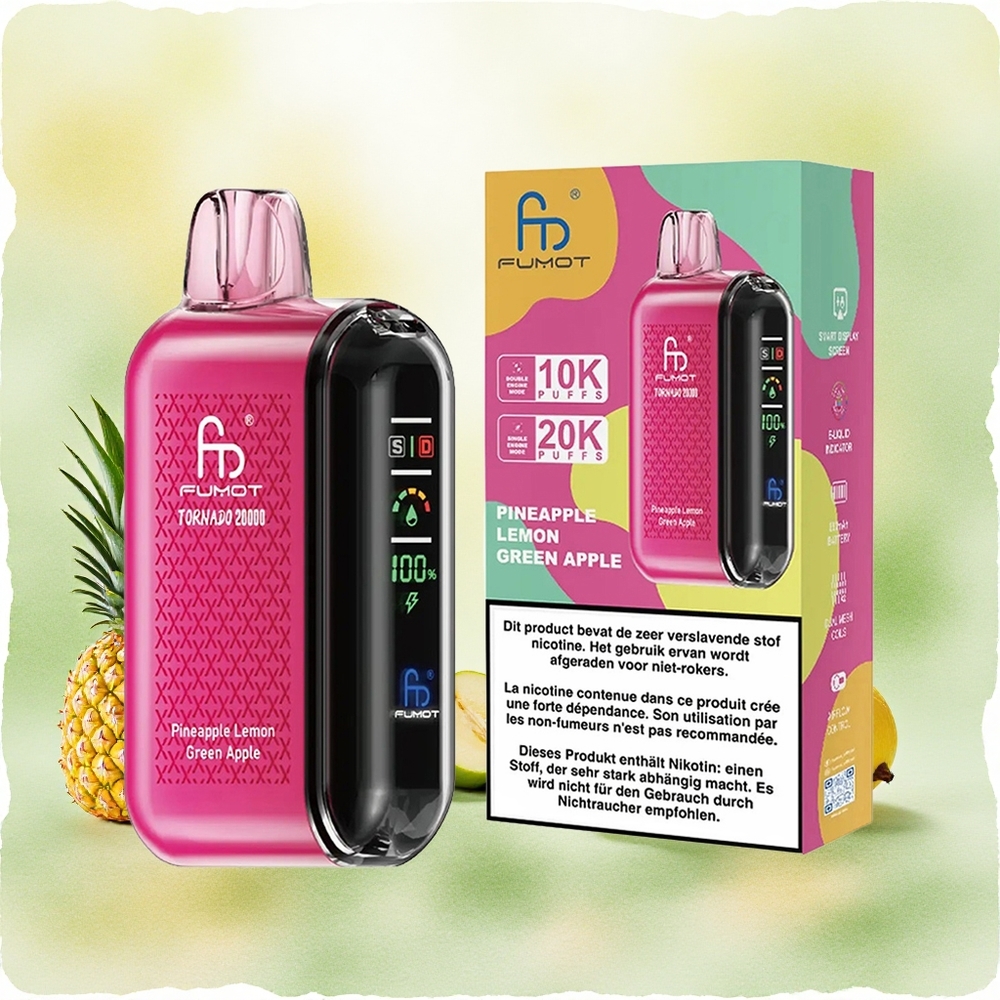 Fumot Tornado 20000 Puffs Vape Descartável Abacaxi Limão Maçã Verde com Bateria Recarregável 850mAh e 20ml de Líquido - Atacado Brasileiro