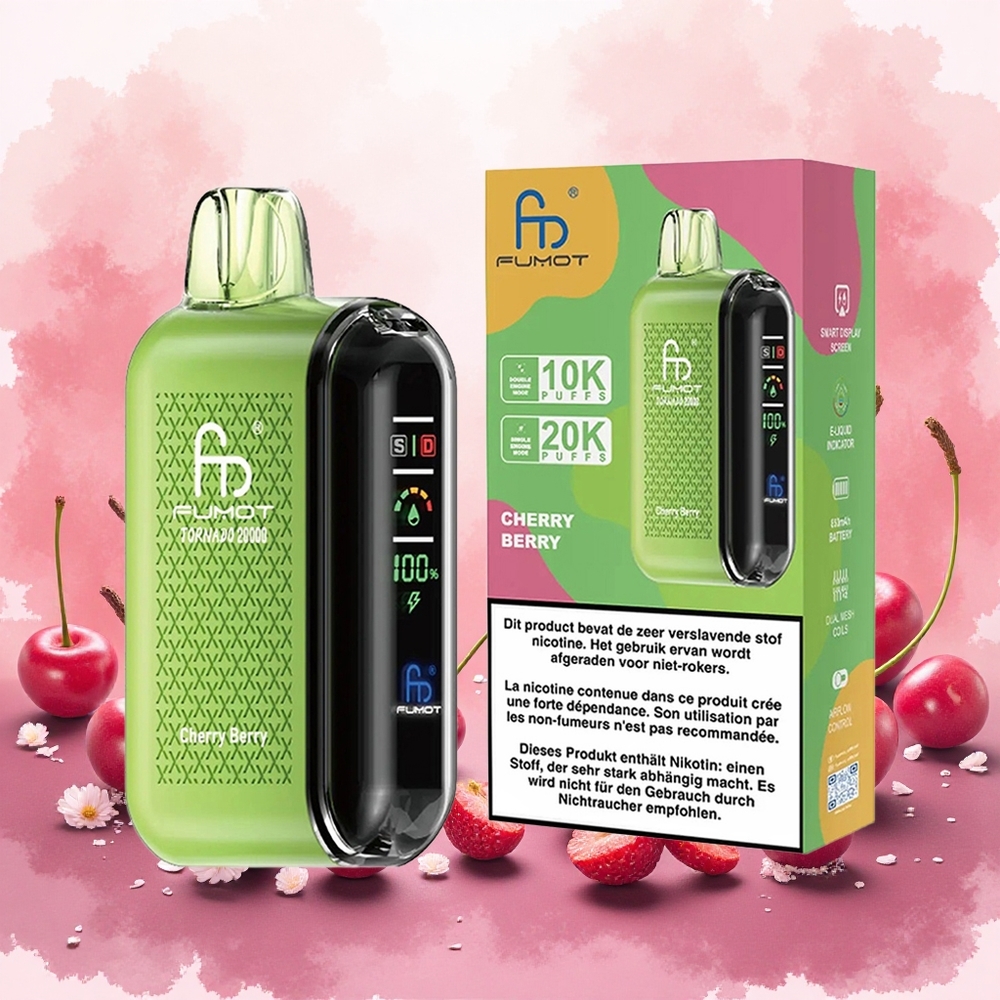 Fumot Tornado 20000 Puffs Vape Descartável Cereja Frutas Vermelhas atacado brasileiro Bobina de Malha Dupla 20ml 850mAh Tela Inteligente 2 Nic