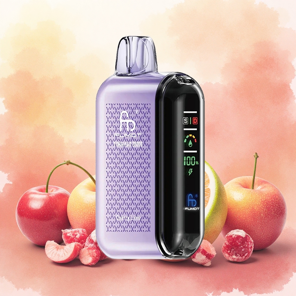 Fumot Tornado 20000 Puffs Vape Descartável Cereja Lima atacado brasileiroBobina Dupla Mesh Bateria 850mAh Recarregável