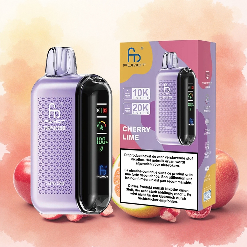 Fumot Tornado 20000 Puffs Vape Descartável Cereja Lima atacado brasileiroBobina Dupla Mesh Bateria 850mAh Recarregável
