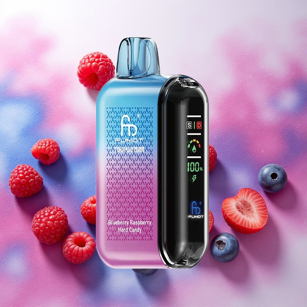 Fumot Tornado 20000 Puffs Vape Descartável Mirtilo Framboesa Bala Dura com Bateria Recarregável 850mAh e Atacado Brasileiro