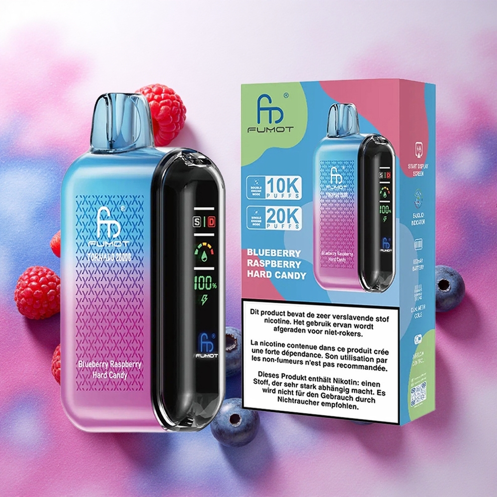 Fumot Tornado 20000 Puffs Vape Descartável Mirtilo Framboesa Bala Dura com Bateria Recarregável 850mAh e Atacado Brasileiro