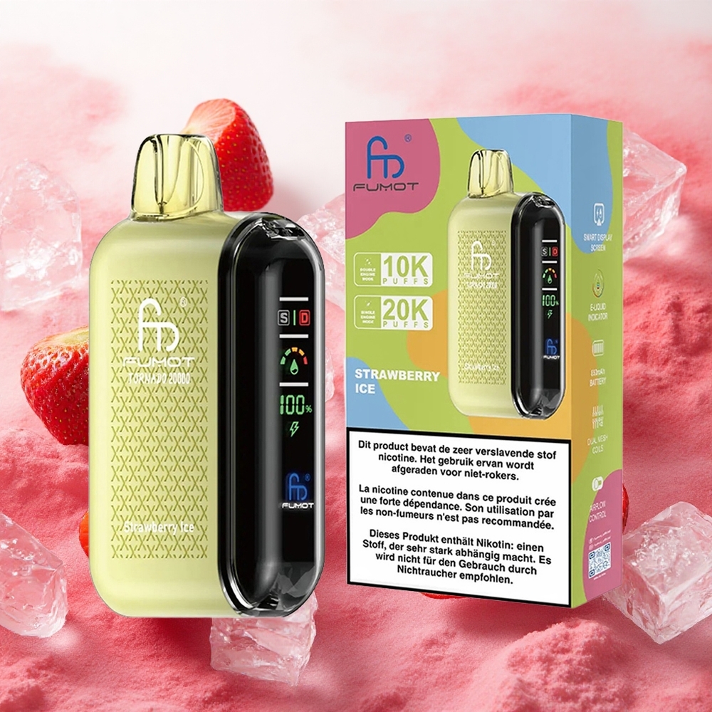 Fumot Tornado 20000 Puffs Vape Descartável Morango Gelado com Bateria Recarregável 850mAh e Display Inteligente - Atacado Brasileiro