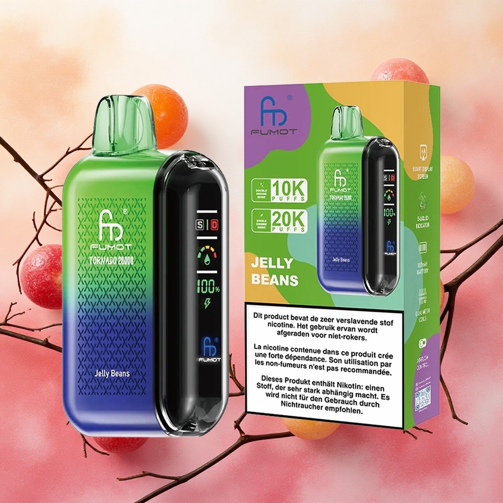 Fumot Tornado 20000 Puffs Vaporizador Descartável Jelly Beans com Bateria Recarregável 850mAh e Controle de Fluxo de Ar atacado brasileiro