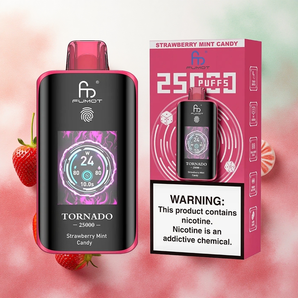 Fumot Tornado 25000 Puffs Atacado Brasileiro - Morango Menta Doce com Tela HD e Bateria Recarregável 700mAh