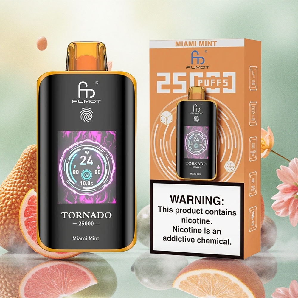 Fumot Tornado 25000 Puffs Vape Descarga Menta Miami com Bateria Recarregável 700mAh e Tela HD - Atacado Brasileiro