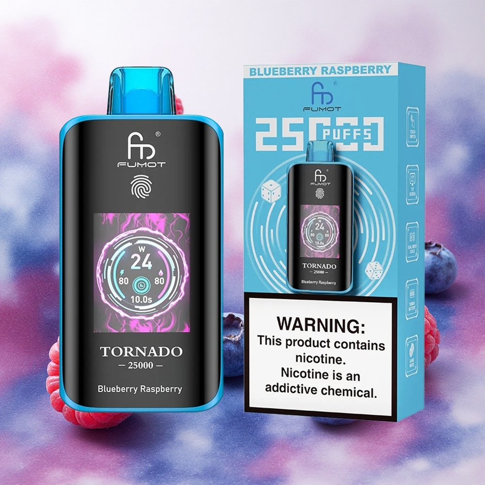 Fumot Tornado 25000 Puffs Vape Descartável Mirtilo Framboesa com Bateria Recarregável 700mAh e Tela HD - Atacado Brasileiro