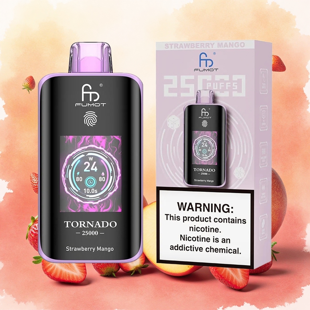 Fumot Tornado 25000 Puffs Vape Descartável Morango Manga atacado brasileiro HD Screen 700mAh 20ml