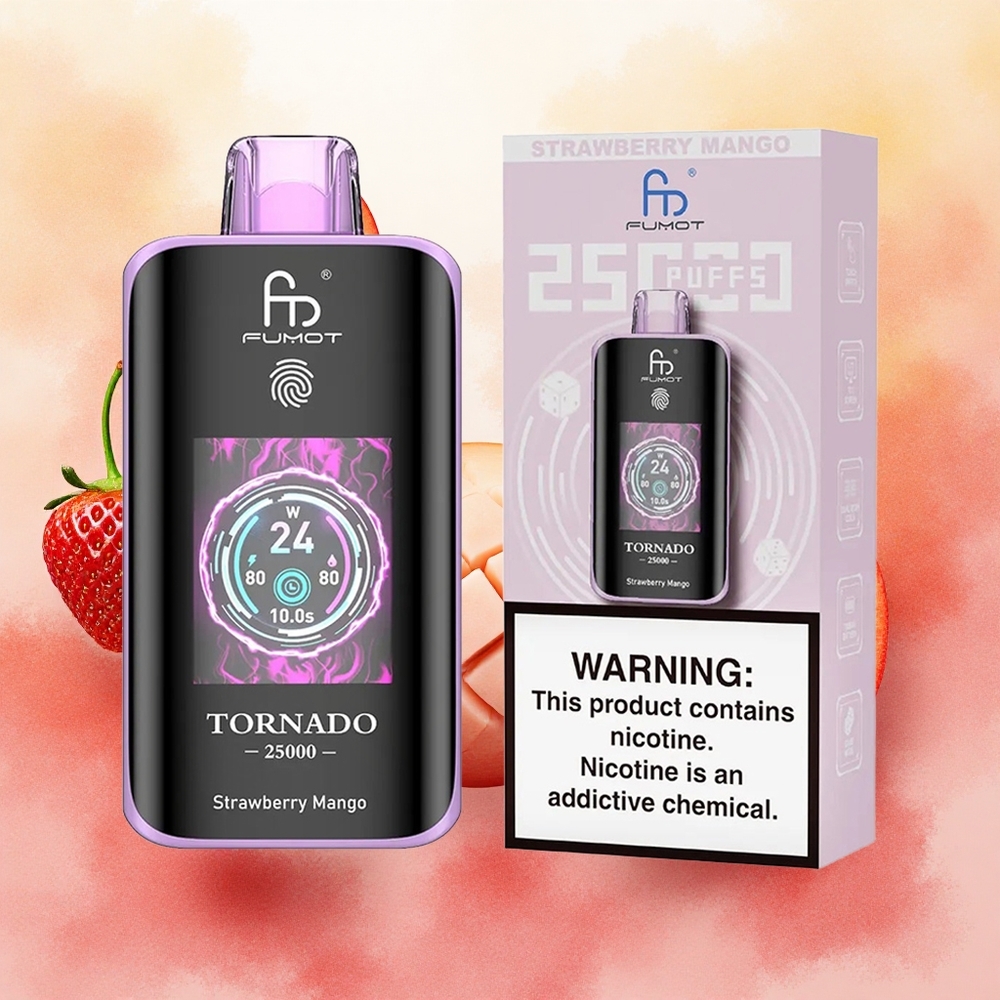 Fumot Tornado 25000 Puffs Vape Descartável Morango Manga com Bateria Recarregável 700mAh e Tela HD - atacado brasileiro