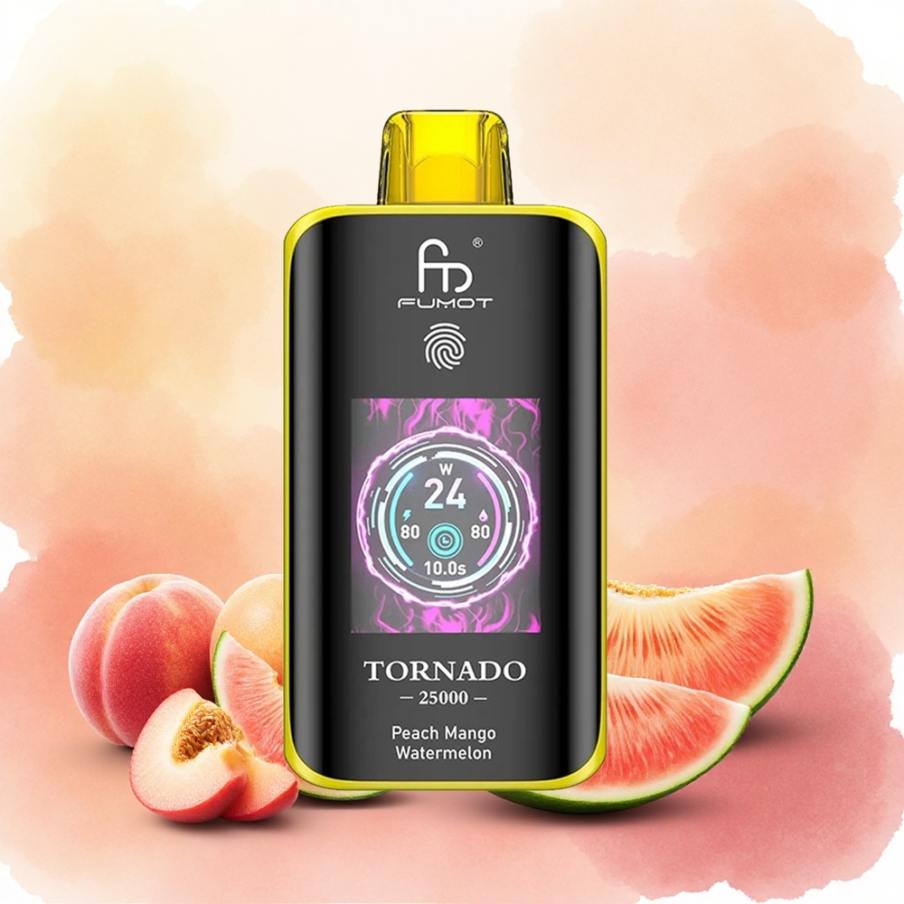 Fumot Tornado 25000 Puffs Vape Descartável Pêssego Manga Melancia com Tela HD Bateria 700mAh Recarregável 20ml E-líquido atacado brasileiro