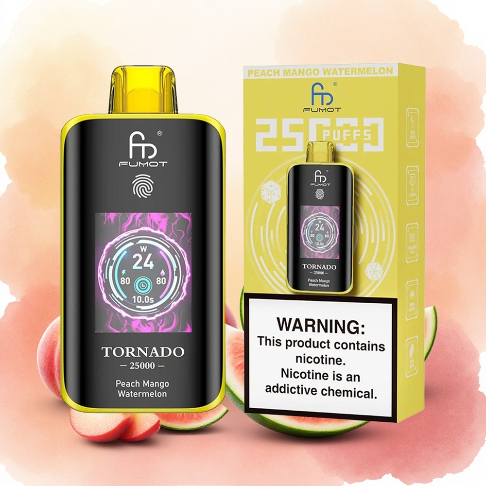 Fumot Tornado 25000 Puffs Vape Descartável Pêssego Manga Melancia com Tela HD Bateria 700mAh Recarregável 20ml E-líquido atacado brasileiro