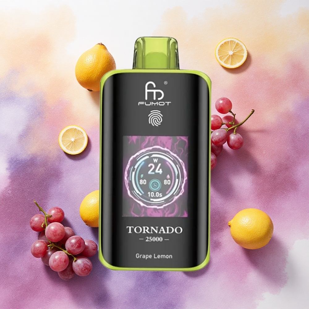 Fumot Tornado 25000 Puffs Vape Descartável Uva Limão com Bateria Recarregável 700mAh e Tela HD - Atacado Brasileiro