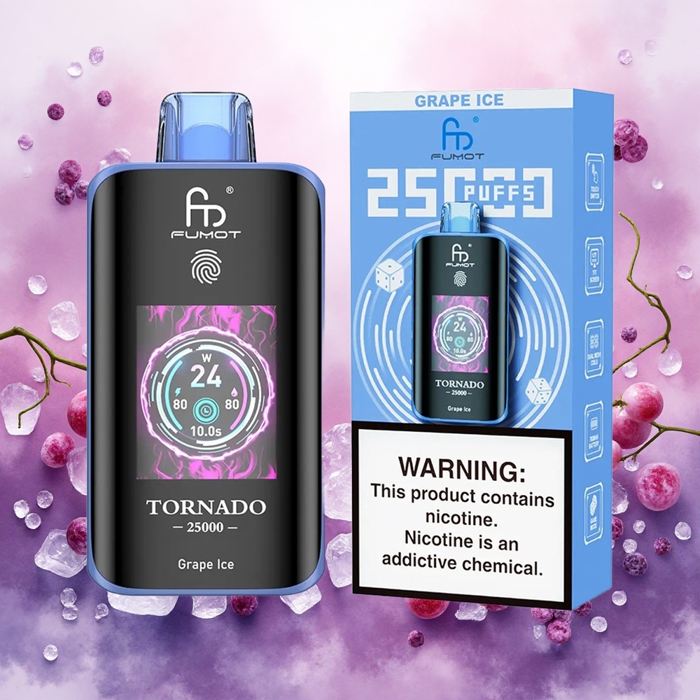 Fumot Tornado 25000 Puffs Vape Descongelante Uva com Tela HD Bateria 700mAh Recarregável 20ml E-líquido atacado brasileiro