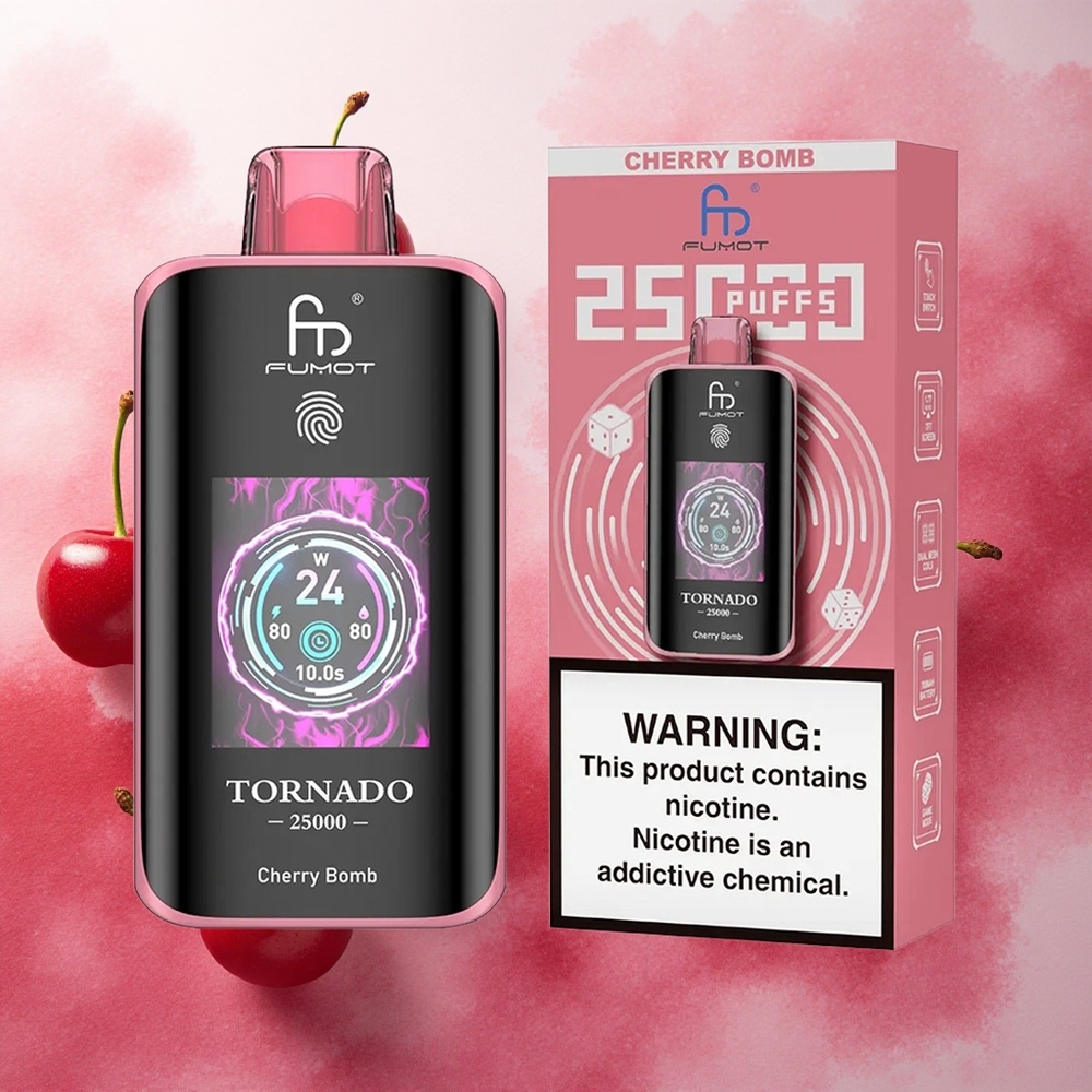 Fumot Tornado 25000 Puffs Vape Disposável Cereja Explosiva com Bateria Recarregável 700mAh e Tela HD atacado brasileiro
