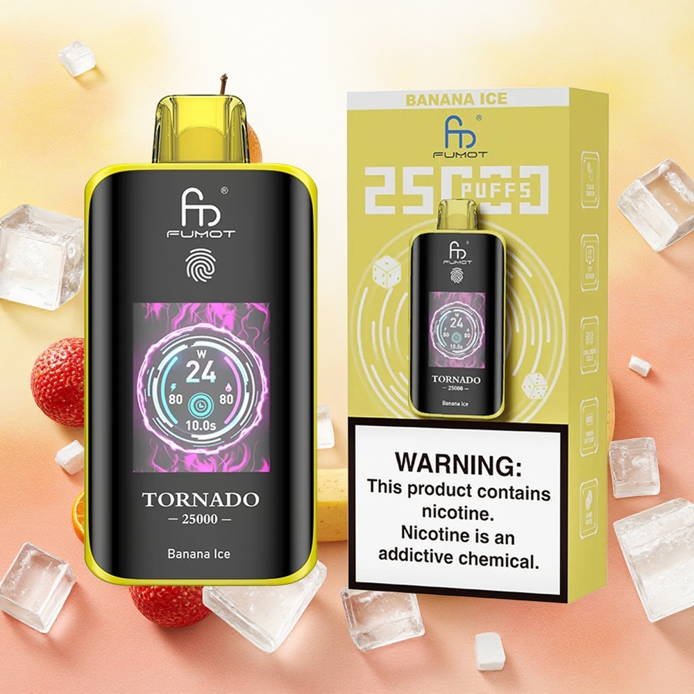 Fumot Tornado 25000 Puffs Vaporizador Descartável Banana Ice com Bateria Recarregável 700mAh e Tela HD - Atacado Brasileiro