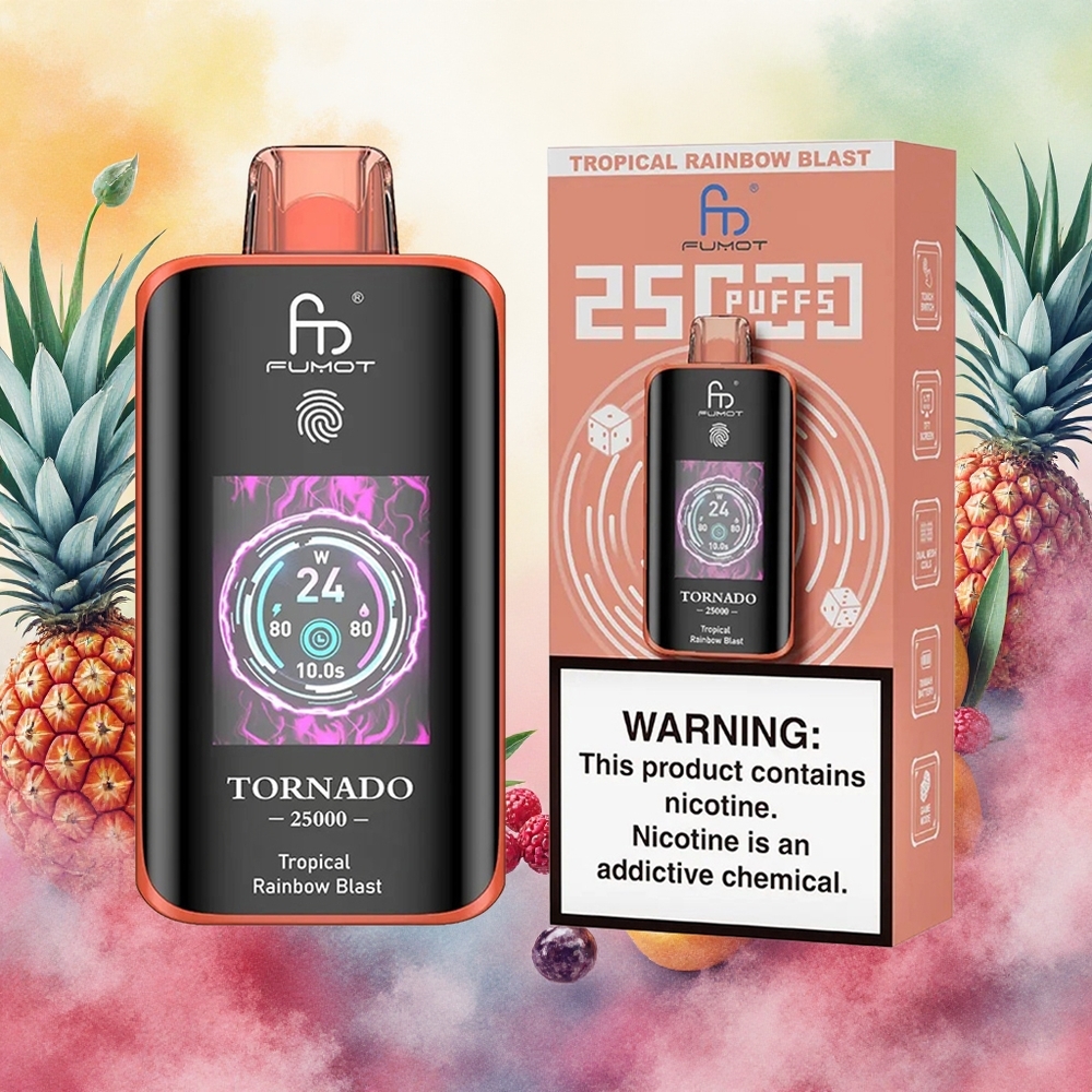 Fumot Tornado 25000 Puffs Vaporizador Descartável Explosão Tropical do Arco-Íris com Bateria Recarregável 700mAh e Tela HD atacado brasileiro