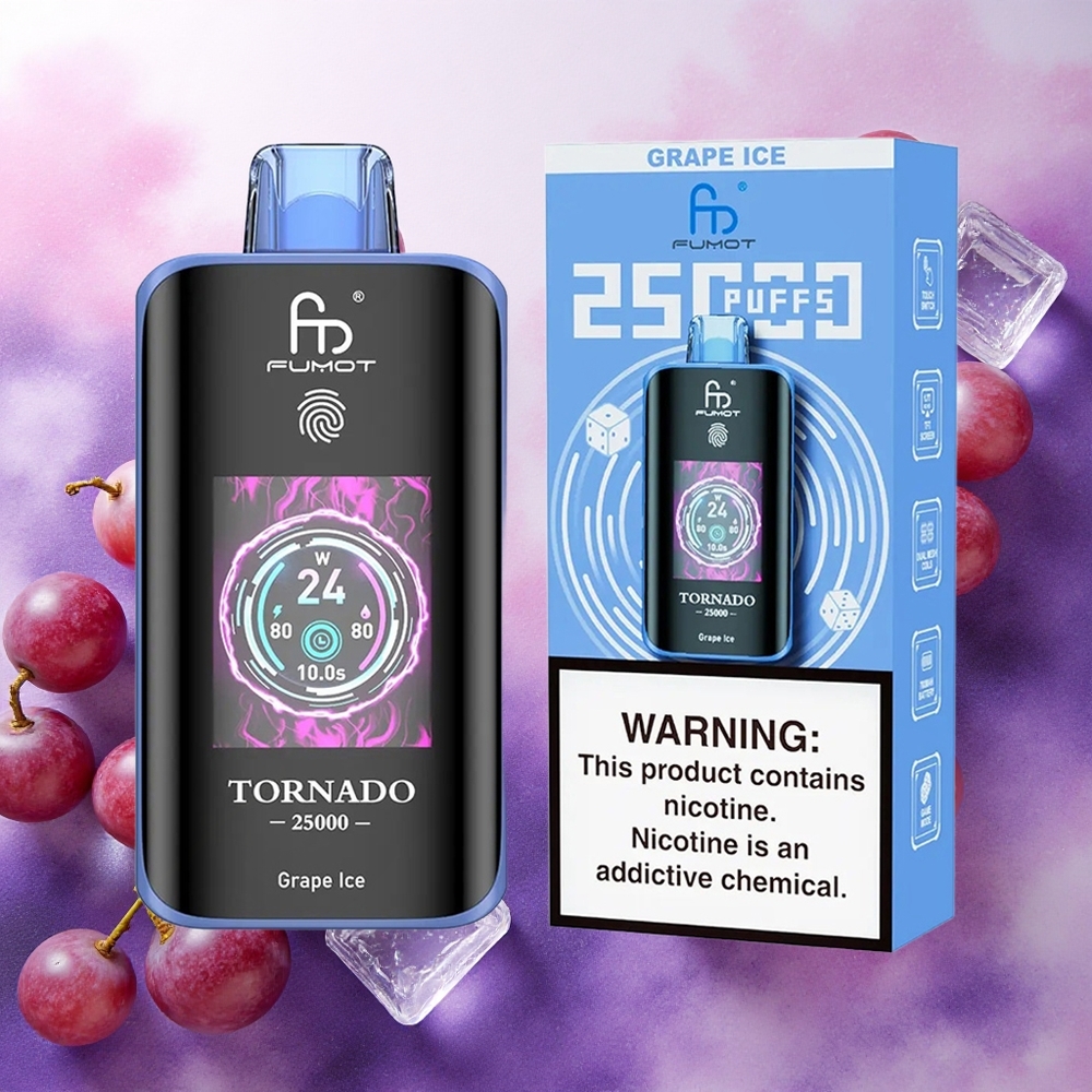 Fumot Tornado 25000 Puffs Vaporizador Descartável Uva Gelo com Bateria Recarregável 700mAh e Tela HD atacado brasileiro
