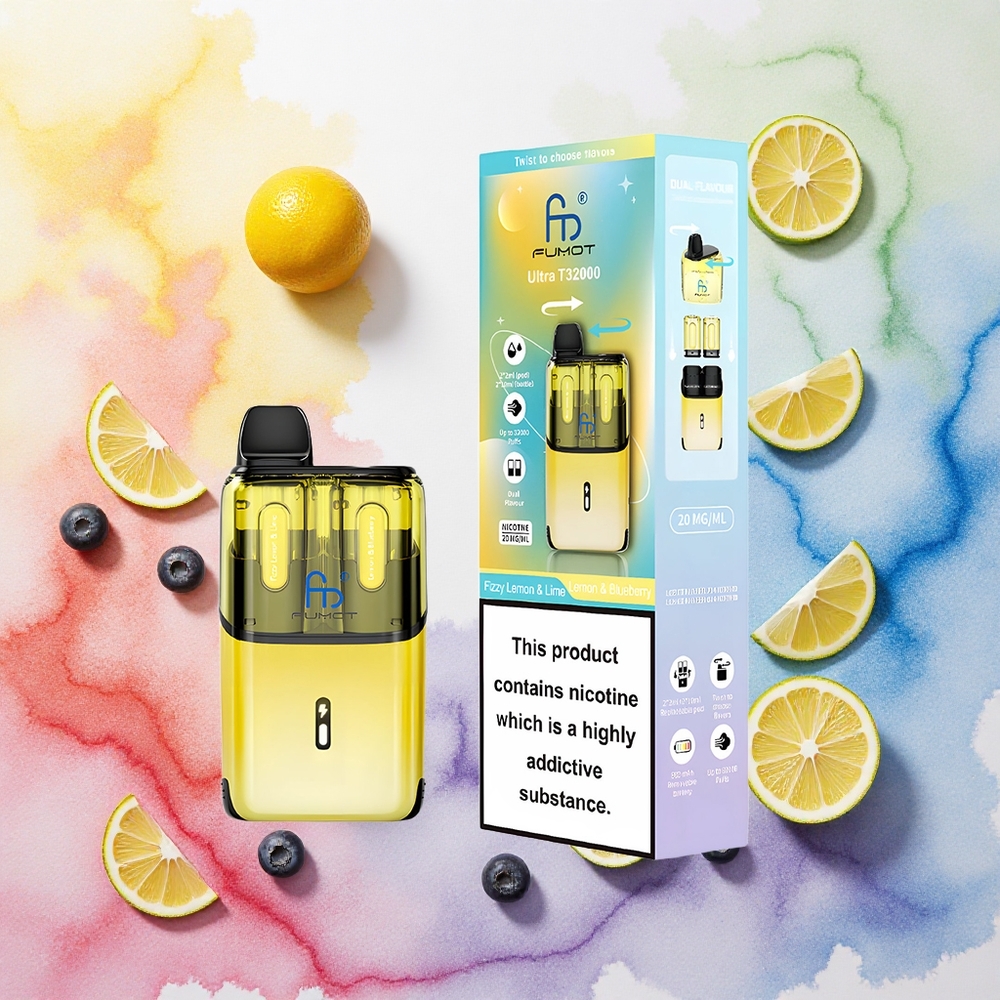 Fumot Ultra T32000 Descartável Vape Limão  Mirtilo Refrescante com 24ml de Líquido e Recarga Rápida Type-C - Atacado Brasileiro