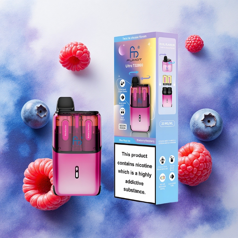 Fumot Ultra T32000 Vape Descartável Blueberry Framboesa Gelo - Atacado Brasileiro com 32000 Puffs e Carga Rápida Type-C
