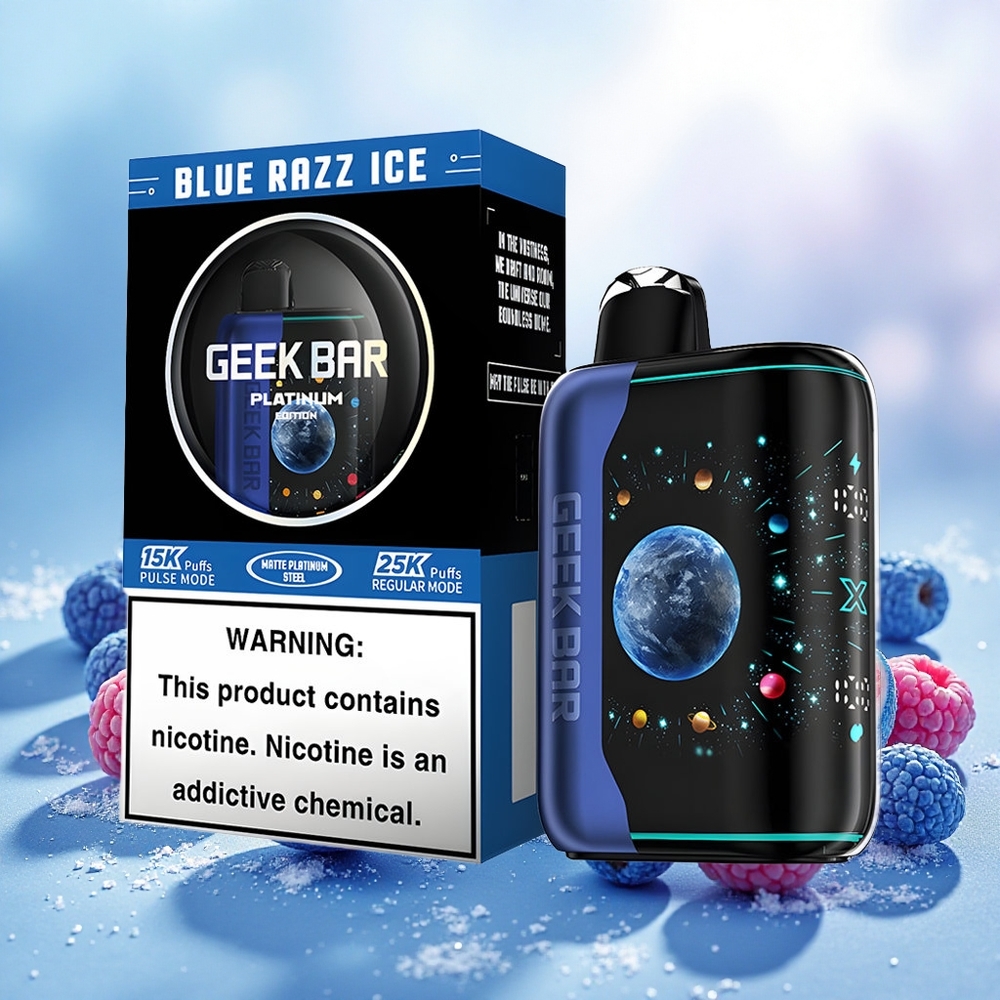 GEEK BAR Platinum Edition 25000 Vape Descartável Framboesa Azul Gelo 20mL 2 Nicotina Recarga USB-C Tela 3D atacado brasileiro