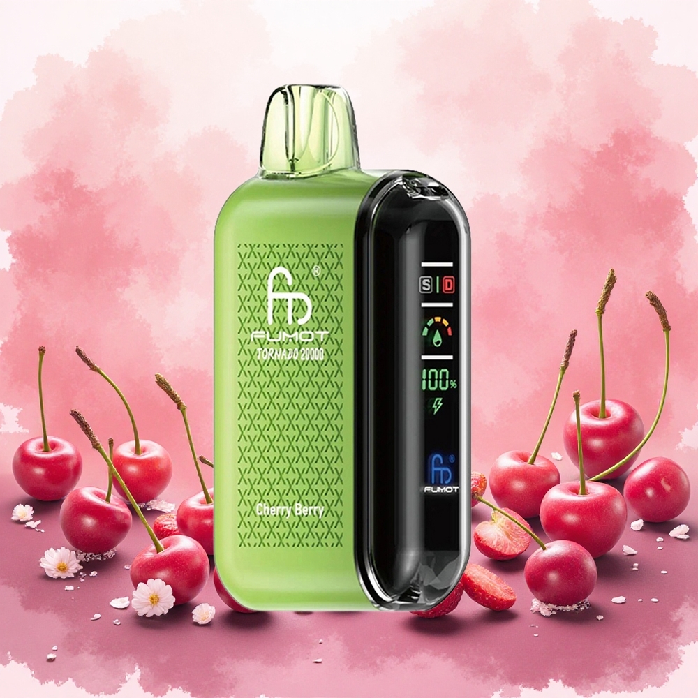 Fumot Tornado 20000 Puffs Vape Descartável Cereja Frutas Vermelhas atacado brasileiro Bobina de Malha Dupla 20ml 850mAh Tela Inteligente 2% Nic