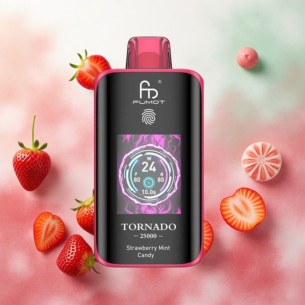 Fumot Tornado 25000 Puffs Atacado Brasileiro - Morango Menta Doce com Tela HD e Bateria Recarregável 700mAh