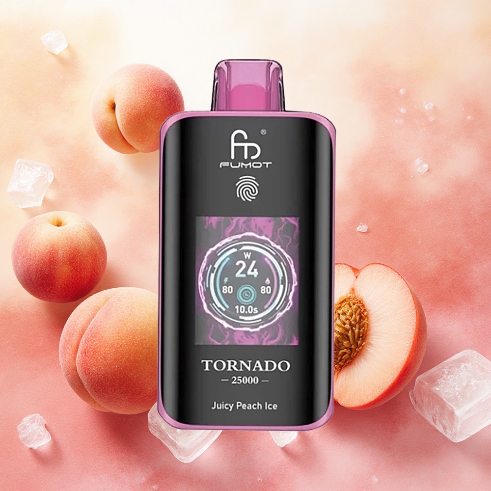 Fumot Tornado 25000 Puffs Vape Descarga Juicy Peach Ice 20ml Pré-preparado com Tela HD e Bateria Recarregável 700mAh atacado brasileiro