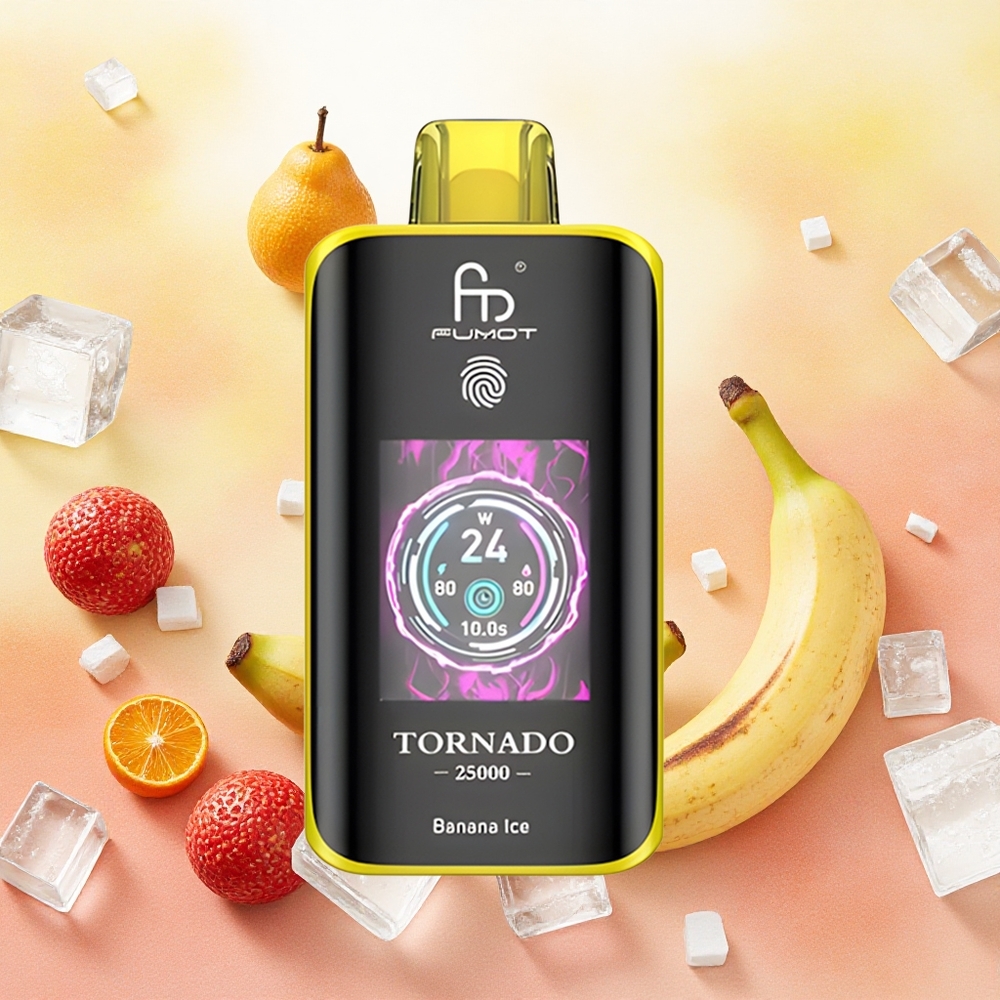 Fumot Tornado 25000 Puffs Vaporizador Descartável Banana Ice com Bateria Recarregável 700mAh e Tela HD - Atacado Brasileiro