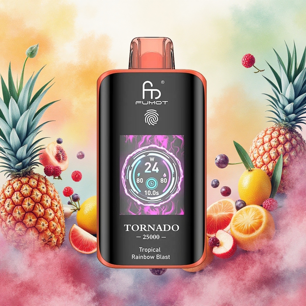 Fumot Tornado 25000 Puffs Vaporizador Descartável Explosão Tropical do Arco-Íris com Bateria Recarregável 700mAh e Tela HD atacado brasileiro